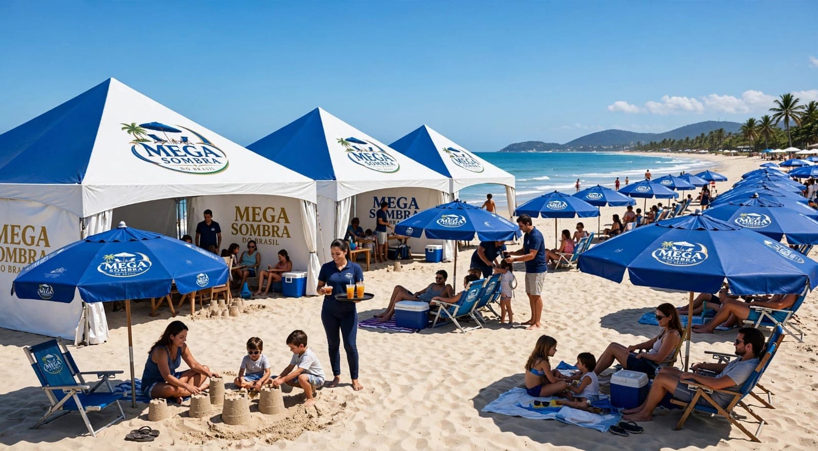 Tendas, ombrelones e cadeiras Mega Sombra personalizados com a marca do cliente em uma estrutura de praia